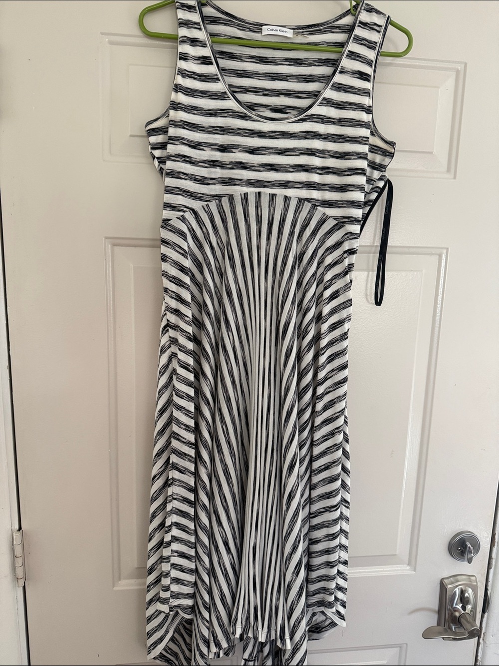 Calvin Klein Black and White Striped Sleeveless Midi Dress